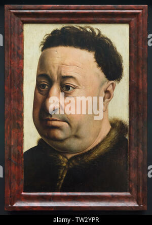 Gemälde "Porträt einer Fat Man" (1430-1440) von Flämischen der frühen Renaissance Maler Robert Campin, bisher als Meister von Flémalle auf Anzeige in der Berliner Gemäldegalerie (Berlin Bildergalerie) in Berlin bekannt. Stockfoto