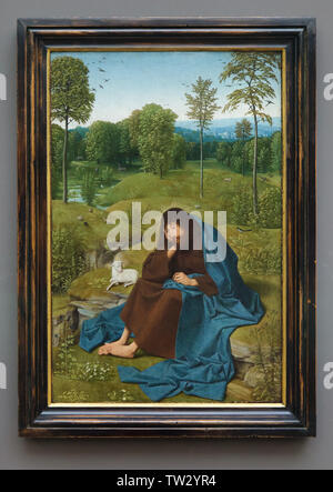 Malerei 'Saint Johannes der Täufer in der Wüste", die von niederländischen Maler der frühen Renaissance Geertgen Tot Sint Jans (1484) auf der Anzeige in der Berliner Gemäldegalerie (Berlin Bildergalerie) in Berlin, Deutschland. Stockfoto