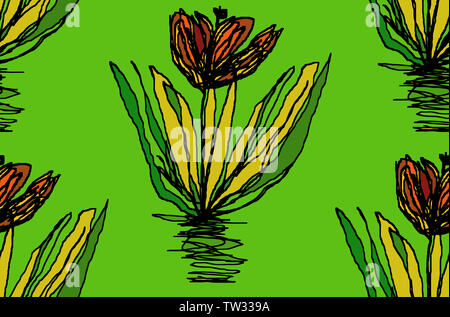 Nahtlose Blumenmuster auf grünem Hintergrund. Große rote Blume mit Blättern. Hand gezeichnet schöne Muster für Textilien, Tapeten, Interior Design oder fabrikationsnr Stockfoto