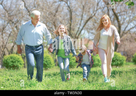 Glückliche Kinder mit Großeltern wandern in Spring Park an einem sonnigen Tag Cute Stockfoto