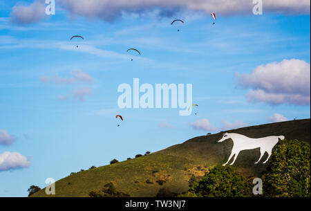 Anzeigen von Westbury White Horse in Wiltshire, Großbritannien mit über schwimmende Gleitschirme Stockfoto