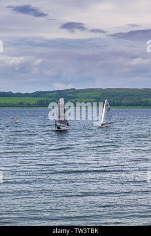 Largs, Schottland, Großbritannien - Juni 01, 2019: Einige kleine segeln Handwerk von Largs Yacht Haven auf den Firth of Clyde in Largs in Schottlands Westküste. Stockfoto