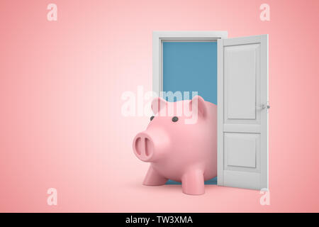 3D-Rendering der offenen Tür auf Farbverlauf rosa Hintergrund und Big Pink piggy Bank steht in der Tür. Stockfoto