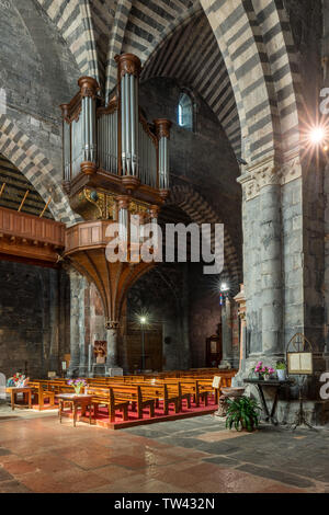 Embrun, Alpes-de-Haute-Provence, 05000, Frankreich - Mai 03, 2019: Der innenraum der Kathedrale Notre-Dame d'Embrun und seine Orgel Stockfoto