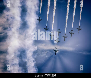 De - Devon: RAF Red Arrows Display Team an der Torbay Airshow fliegen hoch über Torquay an der Englischen Riviera (01. Juni 2019) Stockfoto