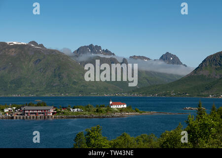 Sildpollnes Kirche, Lofoten, Norwegen. Stockfoto