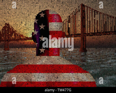 In uns Mensch nationalen Farben steht vor der Golden Gate Bridge Stockfoto