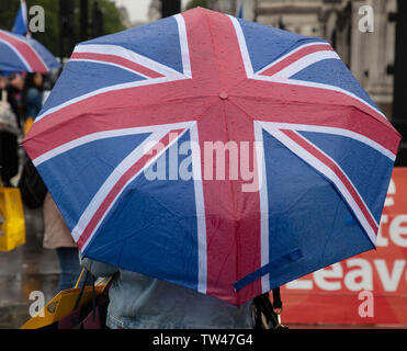 London, Großbritannien. 18. Juni 2019. Touristen und Einheimische, die das Londoner Schutz gegen die anhaltenden Regenfälle in Central London. Der Union Jack Dach scheint sehr beliebt zu sein. Credit: JoeKuis/Alamy Stockfoto