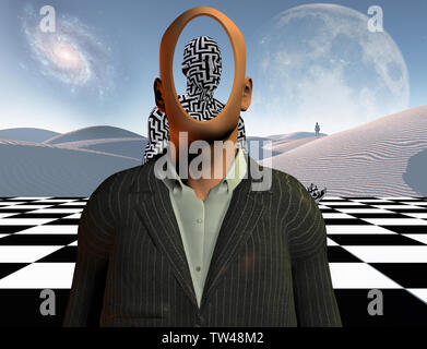 Surrealismus. Gesichtslosen Geschäftsmann steht auf einem Schachbrett. Abbildung eines Mannes, der von Labyrinth Muster bedeckt. Einsamer Mann in einem Abstand. 3D-Rendering Stockfoto