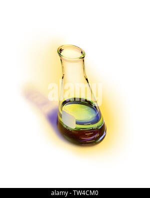 Illustrative verzerrtes Weitwinkel chemische Flash mit hellen grünen Lösung auf gelber Lichthof mit weißem Hintergrund Stockfoto