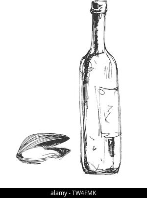 Vektor Komposition mit Muscheln, Flasche Wein und Glas Stock Vektor