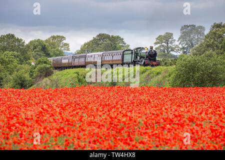 Vintage UK Dampfzug, Vorderansicht, vorbei an wunderschönen englischen Sommer Landschaft. Britische Landschaft Szene mit der Wilden, roter Mohn. Stockfoto