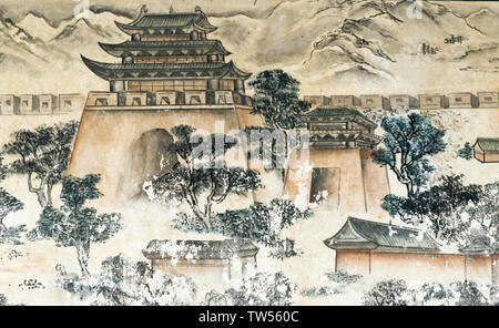Wandbild erzählt die Geschichte von die Reise nach Westen, Xuanzang und seine Anhänger, Dafo (Großen Buddha) Tempel, Zhangye, Provinz Gansu, China Stockfoto