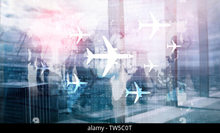 Air Travel Concept. Flugzeug auf Karte Welt Blured geschäftlichen Hintergrund Stockfoto