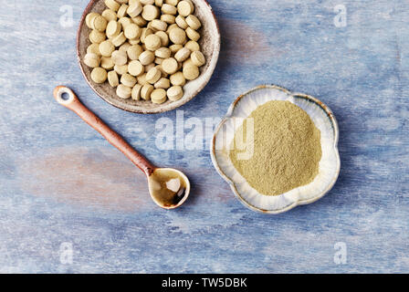 Bio Green GERSTENGRAS Pulver und Tabletten. Konzept für eine gesunde Nahrungsergänzung. Stockfoto