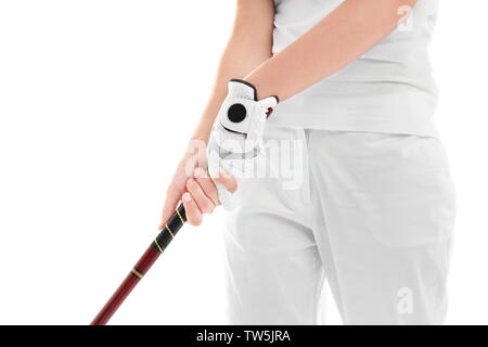 Frau mit Golf Club auf weißem Hintergrund, Nahaufnahme Stockfoto