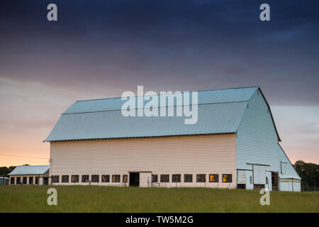 White Barn bei Sonnenuntergang in eine grüne Wiese unter einem Himmel mit lila, gelb und orange Wolken - Willamette Valley, Oregon Stockfoto