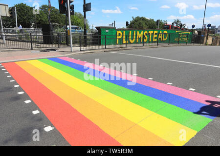 Besonders stolz Zebrastreifen in Plumstead bemalt Stolz Monat für 2019 zu feiern, in SE London, England, Großbritannien Stockfoto