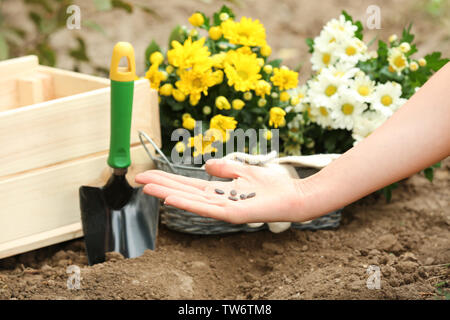 Frau mit Samen in der Nähe von Boden im Garten Stockfoto