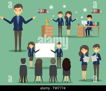 Geschäftsleute im Büro eingestellt. Posing und Emotionen. business in verschiedenen Stellen in Büro und Arbeiten. Vector Illustration. Stock Vektor