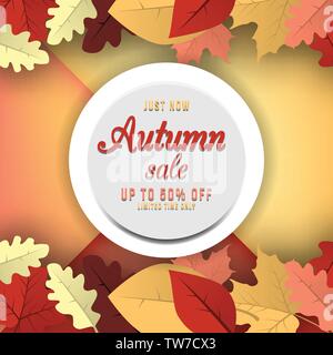 Herbst Sale Banner Design mit Rabatt Label in der bunten Blätter im Herbst Hintergrund. Vector Illustration. Stock Vektor