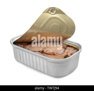Blechdose mit lebertran auf weißem Hintergrund öffnen Stockfoto