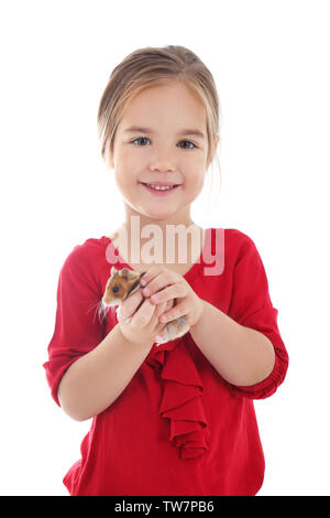 Nettes Mädchen mit lustige Hamster auf weißem Hintergrund Stockfoto