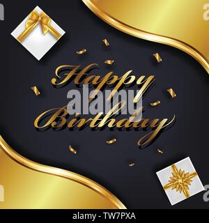 Happy Birthday Grusskarte Vorlage. Luxus Geschenkbox mit goldenen Bogen. Vector Illustration Stock Vektor
