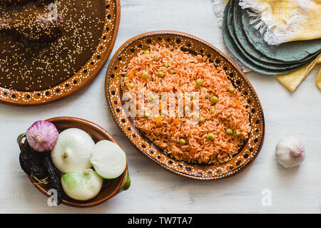 Mexikanische Reis und Mole Poblano, traditionelles Essen in Mexiko Stockfoto