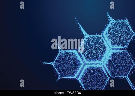 Molekülstruktur Symbol form Linien und Dreiecken, Punkt anschließen Netzwerk auf blauem Hintergrund. Abstract poly niedrig, Dreieck, Punkt, Linie, Polygon. Glanz Stock Vektor