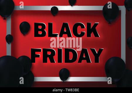 Schwarzer Freitag Verkauf Poster mit glänzenden Ballons auf rotem Hintergrund mit quadratischen Rahmen Stock Vektor