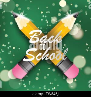 Vektor Design Template für Zurück in die Schule. Verknittertes Papier, Schulbedarf Symbole rote scharfe Holz Bleistift und Zurück in die Schule Text. Stock Vektor