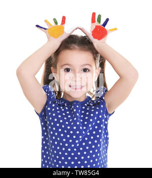 Kleines Mädchen mit gemalten Palmen, isoliert auf weißem Stockfoto