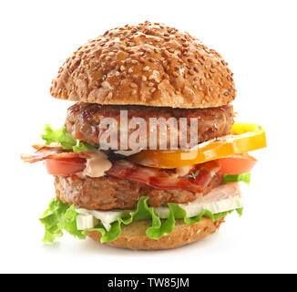 Lecker double Burger auf weißem Hintergrund Stockfoto