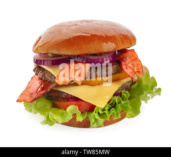 Lecker double Burger auf weißem Hintergrund Stockfoto