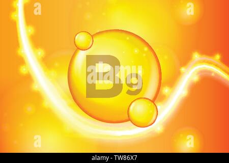 Vitamin B9 gold glänzenden Pille Kapsel Symbol. Vitamin Komplex mit der chemischen Formel./ Gold funkelt. Medizinische und Pharmazeutische ads. Vektor illustr Stock Vektor