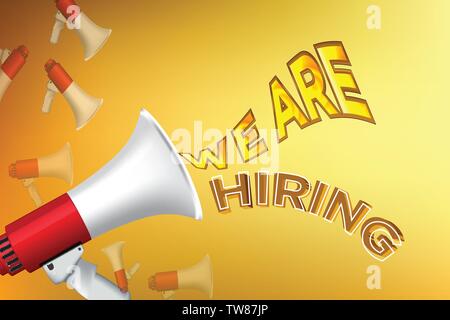 Einstellung Einstellung design Plakat. Vector Illustration. Stellenausschreibung design Vorlage geöffnet wird. Wir suchen für die Werbung mit Megafon Stock Vektor