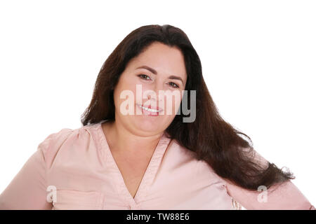 Übergewichtige junge Frau auf weißem Hintergrund Stockfoto