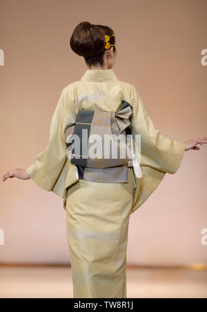 Zurück einer japanischen Frau das Tragen eines eleganten hellen Grün Gelb Kimono mit Obi auf einer Modenschau in Kyoto, Japan. Stockfoto