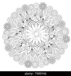 Stilisierte florale mandalaa kreisförmiges Ornament. floralen Mandala. Schwarz-weiss Zeichnung. Malbuch für Kinder und Erwachsene. Seite für artbook Stock Vektor