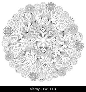 Stilisierte florale mandalaa kreisförmiges Ornament. floralen Mandala. Schwarz-weiss Zeichnung. Malbuch für Kinder und Erwachsene. Seite für artbook Stock Vektor