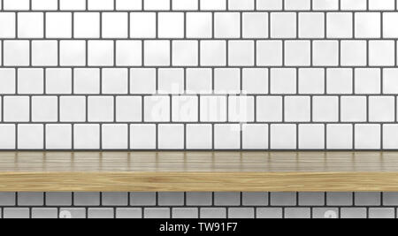 Eine Vorderansicht eines regelmäßigen gelöscht Holzregal oder Fläche an der Wand Fliesen, Quadratische weiße Keramik - 3D-Rendering Stockfoto