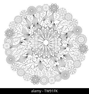 Stilisierte florale mandalaa kreisförmiges Ornament. floralen Mandala. Schwarz-weiss Zeichnung. Malbuch für Kinder und Erwachsene. Seite für artbook Stock Vektor