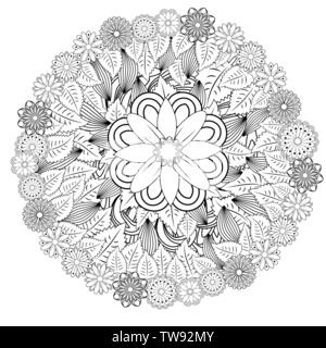 Stilisierte florale mandalaa kreisförmiges Ornament. floralen Mandala. Schwarz-weiss Zeichnung. Malbuch für Kinder und Erwachsene. Seite für artbook Stock Vektor