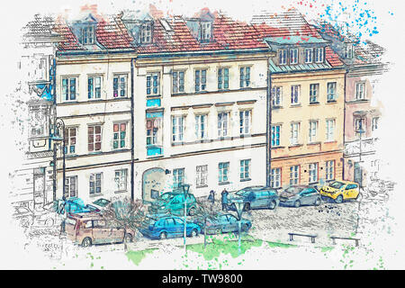 Aquarell Skizze oder Abbildung eines schöne Aussicht auf Europäischen alten Wohnhäuser Stockfoto