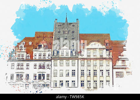 Aquarell Skizze oder Abbildung: einen schönen Blick auf traditionelle alte Gebäude in Leipzig in Deutschland. Stockfoto