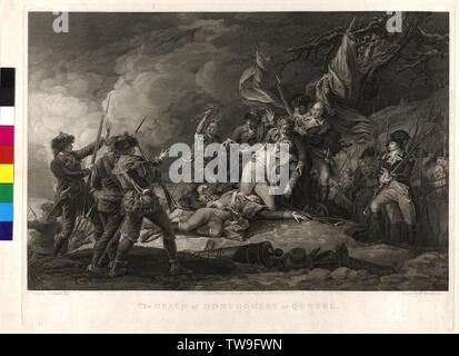 Der Tod von General Montgomery bei Angriff auf Québec 1775, Radierung von Christian Wilhelm Ketterlinus aus dem Jahr 1799 basierend auf dem Gemälde "Tod von General Montgomery bei dem Angriff auf Quebec, 1775" (1786) von John trumbell Ersatz nach dem Stich von J. F. Clemens, Additional-Rights - Clearance-Info - Not-Available Stockfoto
