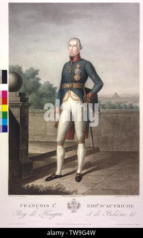 Franz II., Kaiser des Heiligen Römischen Reiches, farbradierung/Tamponieren (teilweise farbig) von Luigi Rados auf einer Zeichnung von A. Zabuernix. Wappen basiert. blind Stempel, Additional-Rights - Clearance-Info - Not-Available Stockfoto