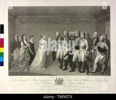 Tagung der Friedrich Wilhelm III. und Louisa von Preußen mit Zar Alexander I in Neman am 10. Juni 1802, Walze Kupferstich von Johann Friedrich Bolt basierend auf einem Aquarell von Heinrich Anton Daehling, Additional-Rights - Clearance-Info - Not-Available Stockfoto