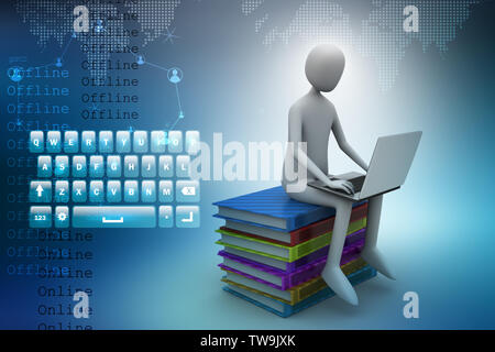 3d Mann sitzt auf Bücher und Arbeiten an seinem Laptop Stockfoto